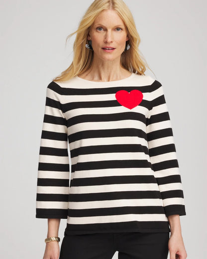 Chico's Striped V-Day Pullover English Cream