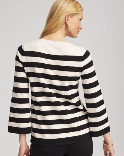 Chico's Striped V-Day Pullover English Cream