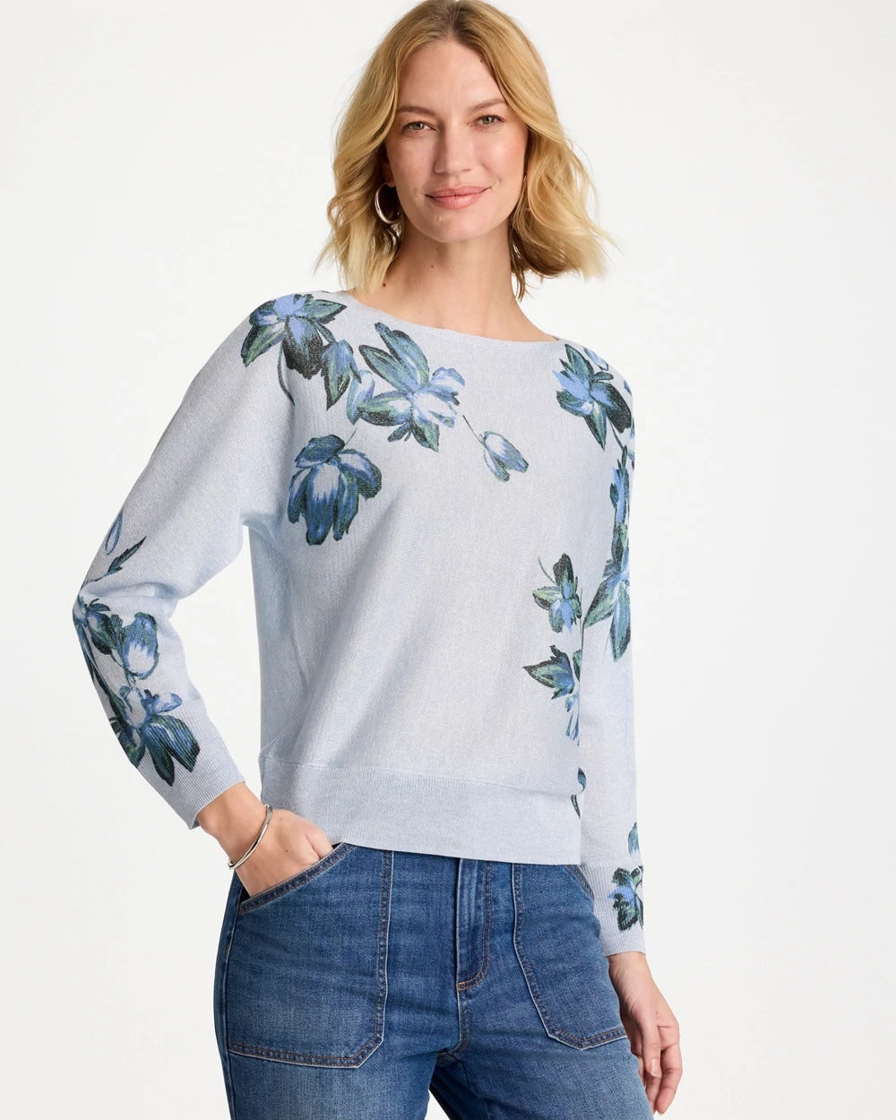 Chico's Floral Print Pullover Sweater Blue Orchid