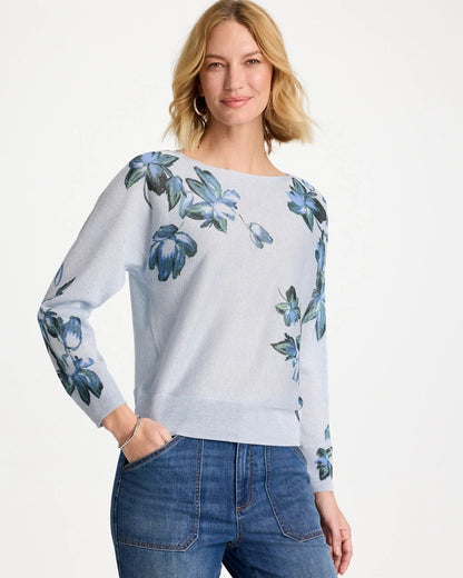 Chico's Floral Print Pullover Sweater Blue Orchid
