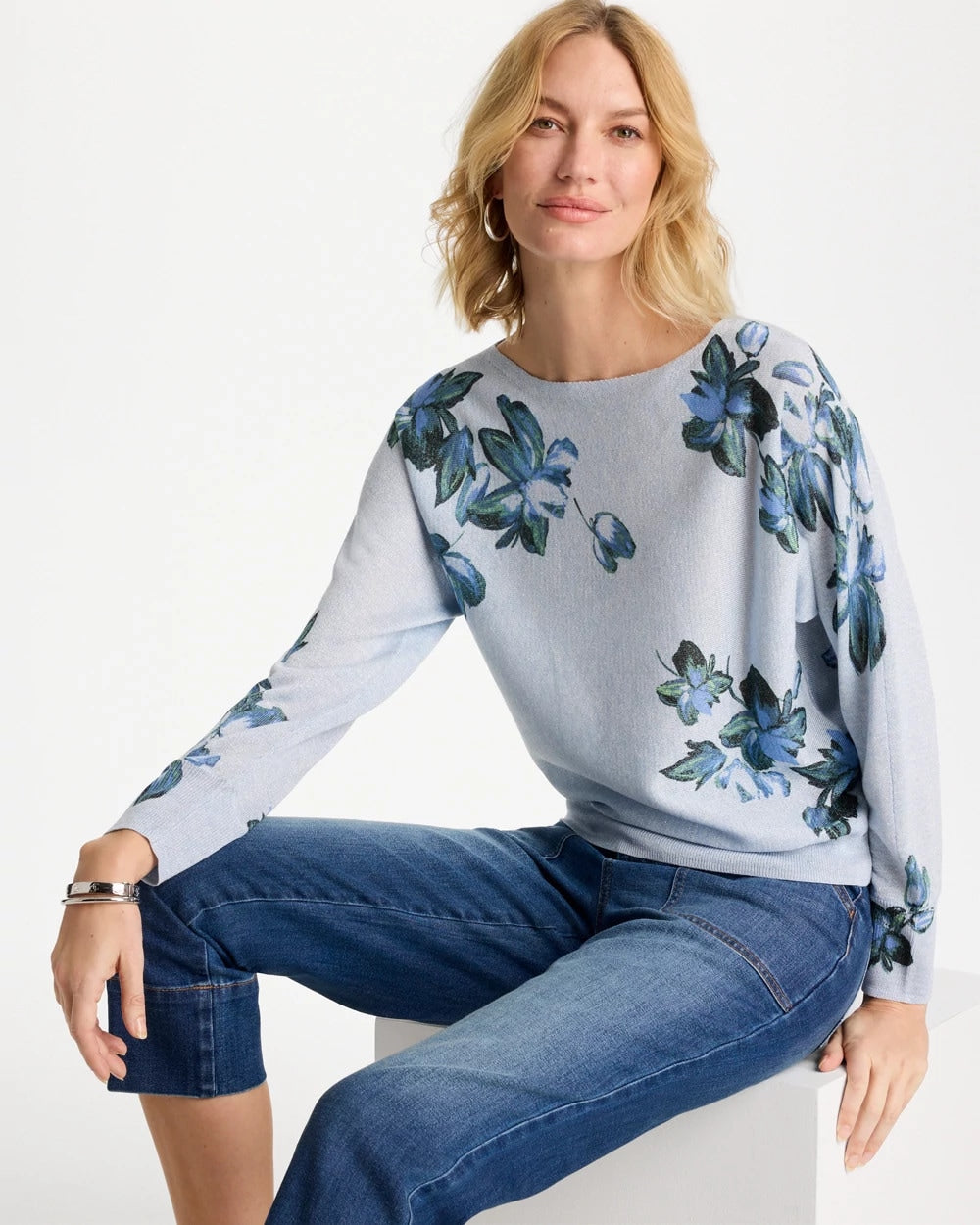 Chico's Floral Print Pullover Sweater Blue Orchid