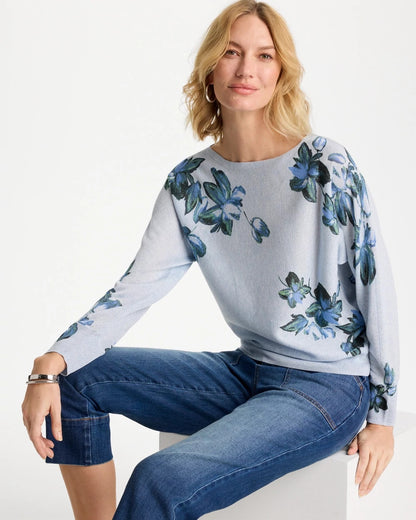 Chico's Floral Print Pullover Sweater Blue Orchid