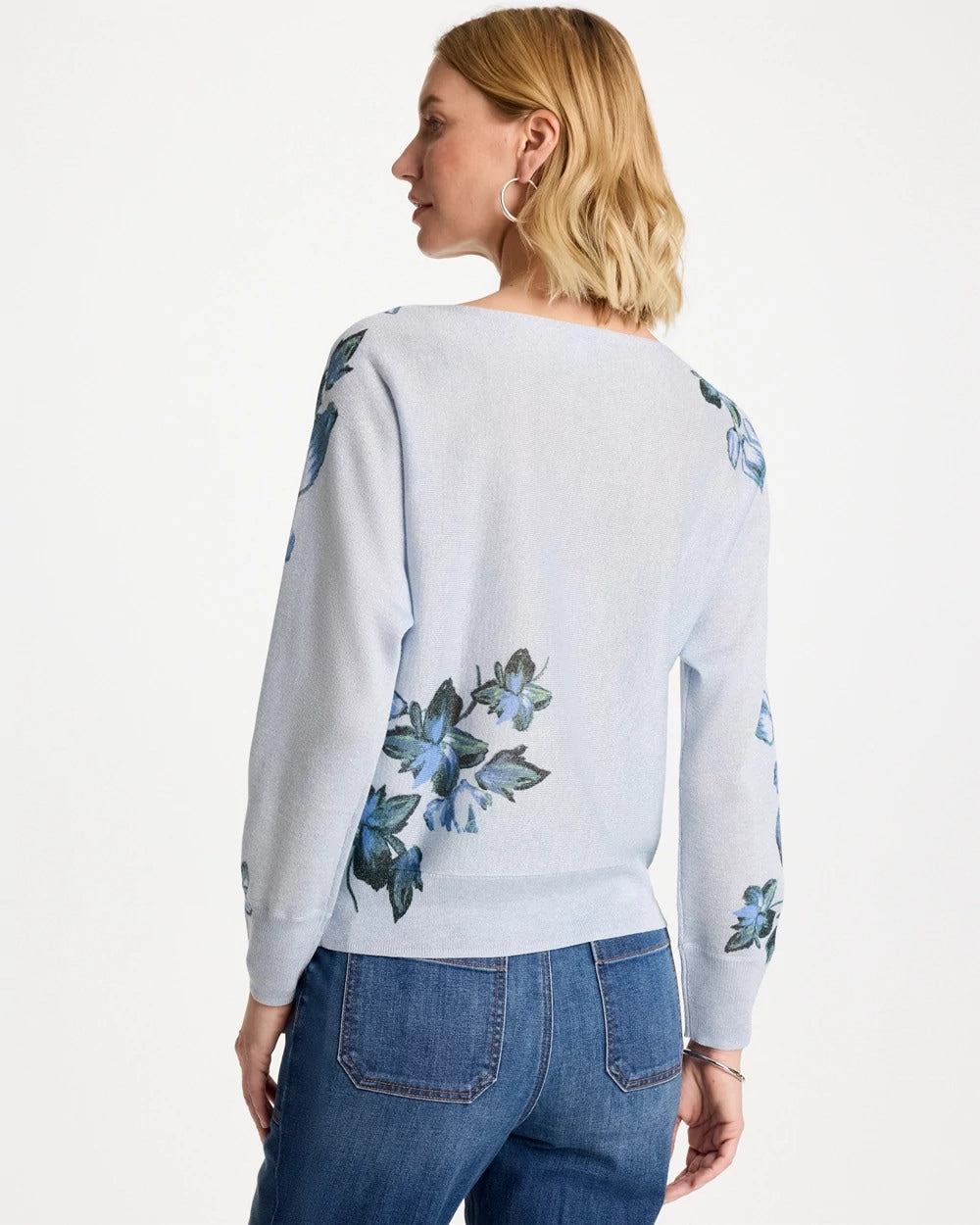 Chico's Floral Print Pullover Sweater Blue Orchid