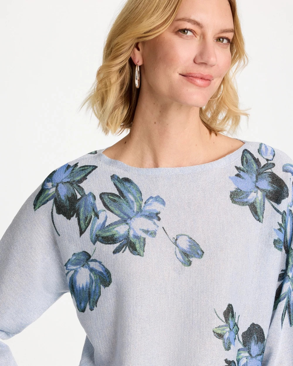 Chico's Floral Print Pullover Sweater Blue Orchid