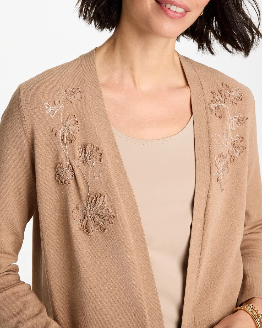 Chico's Floral Embroidered Cardigan Cattail Brown