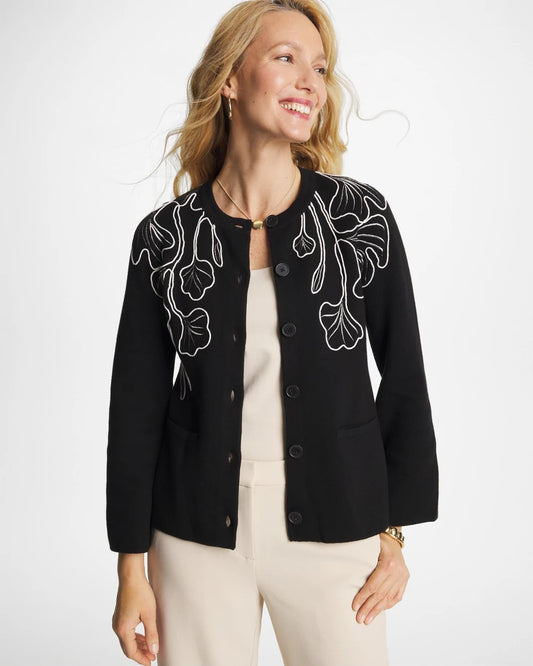 Chico's Embroidered Crewneck Cardigan Jacket Black