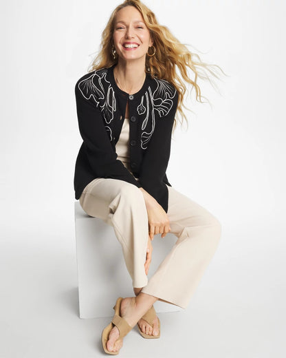 Chico's Embroidered Crewneck Cardigan Jacket Black