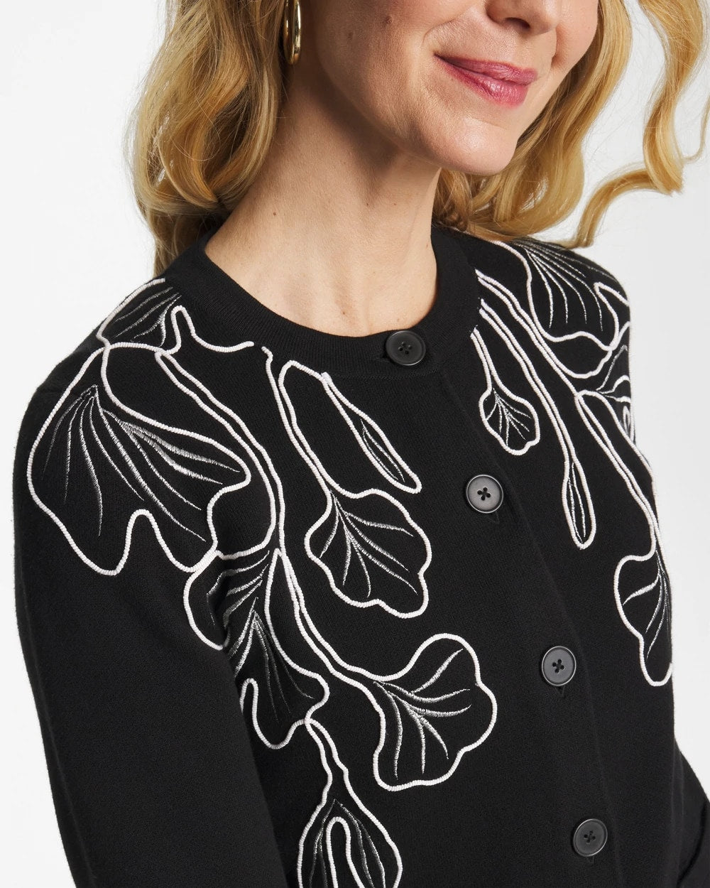 Chico's Embroidered Crewneck Cardigan Jacket Black