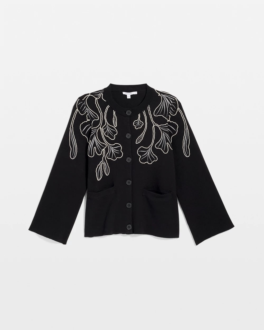 Chico's Embroidered Crewneck Cardigan Jacket Black