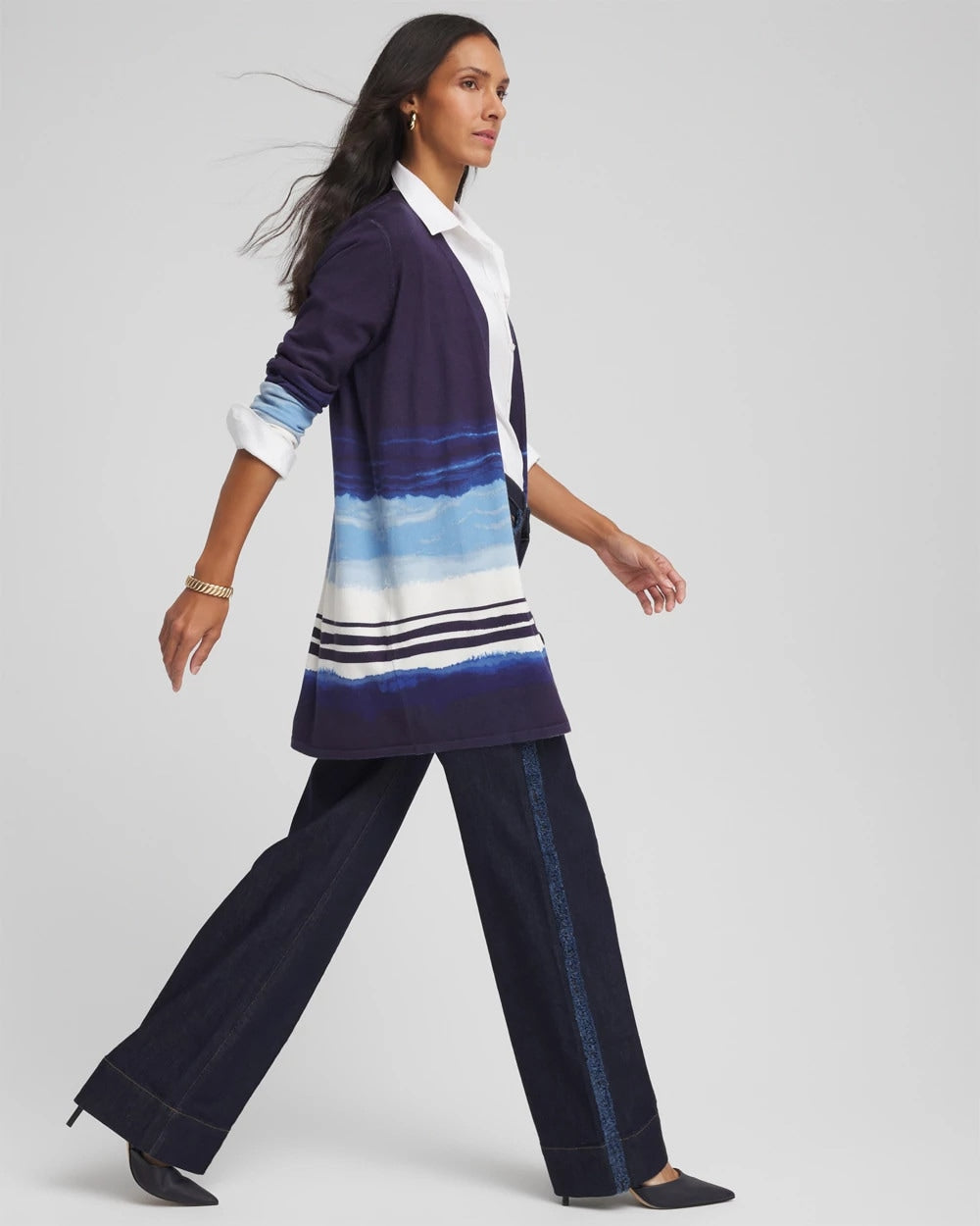 Chico's Stripe Ombre Duster Cardigan Passport Blue
