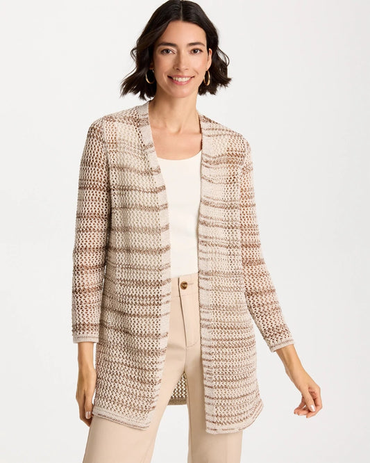 Chico's Pointelle Metallic Cardigan Cattail Brown