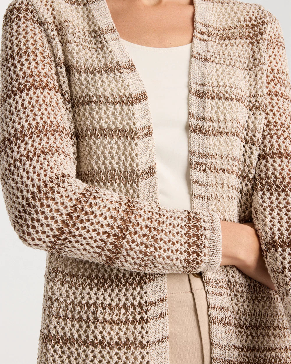 Chico's Pointelle Metallic Cardigan Cattail Brown