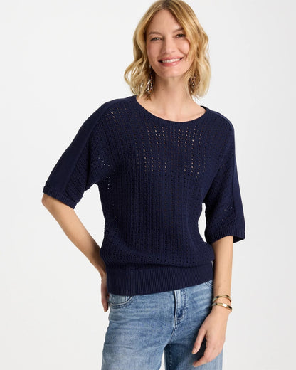 Chico's Pointelle Crewneck Pullover Sweater Passport Blue