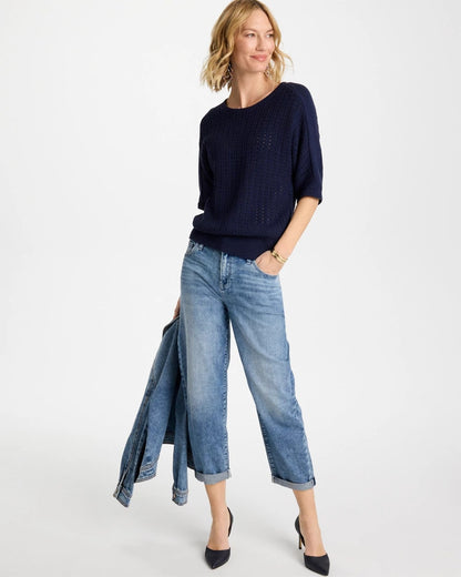 Chico's Pointelle Crewneck Pullover Sweater Passport Blue