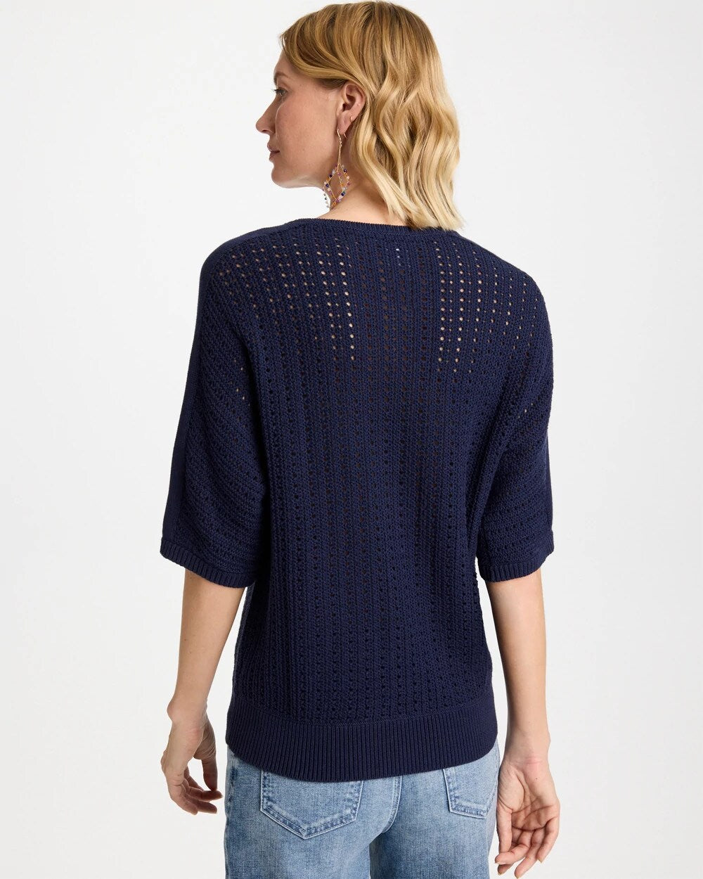 Chico's Pointelle Crewneck Pullover Sweater Passport Blue
