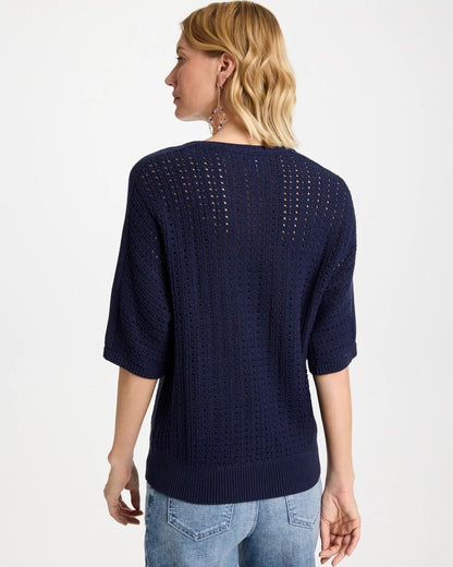 Chico's Pointelle Crewneck Pullover Sweater Passport Blue