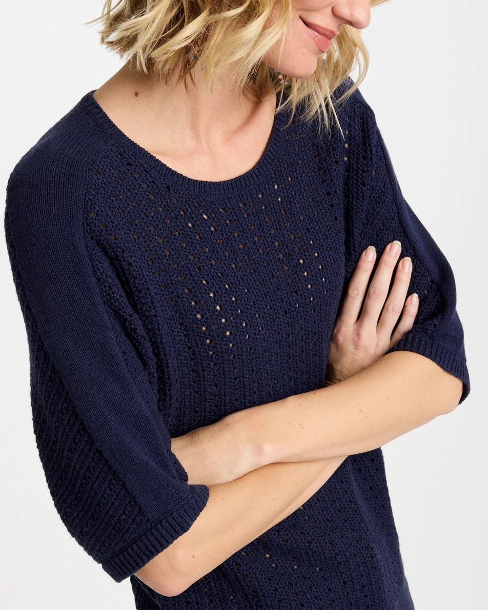 Chico's Pointelle Crewneck Pullover Sweater Passport Blue