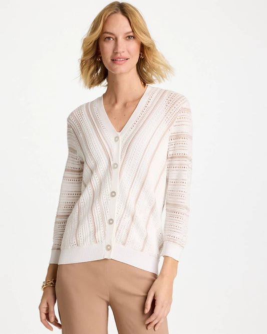Chico's Striped Stitchy Cardigan Alabaster
