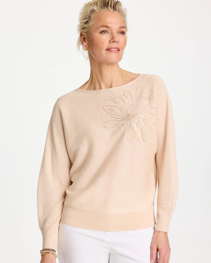 Chico's Embroidered 3/4 Sleeve Sweater Neutral
