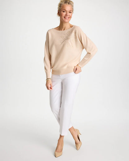 Chico's Embroidered 3/4 Sleeve Sweater Neutral