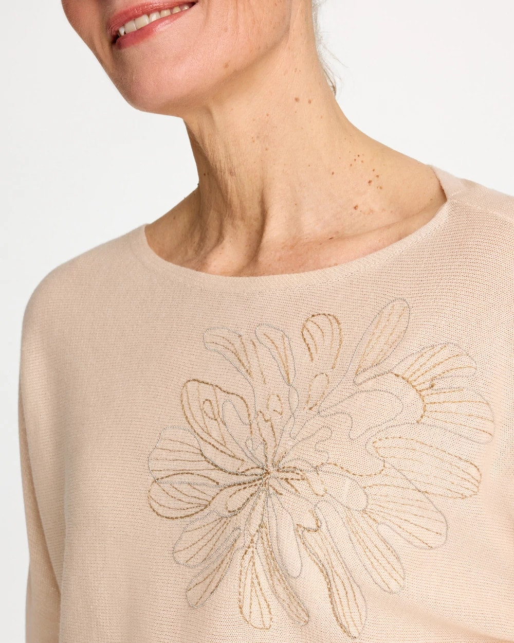 Chico's Embroidered 3/4 Sleeve Sweater Neutral