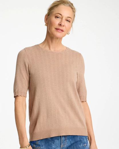Chico's Ella Crewneck Pointelle Pullover Sweater Cattail Brown