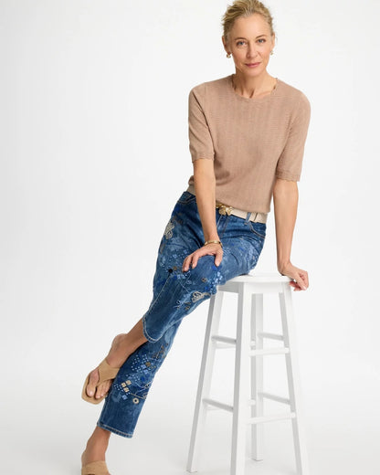Chico's Ella Crewneck Pointelle Pullover Sweater Cattail Brown