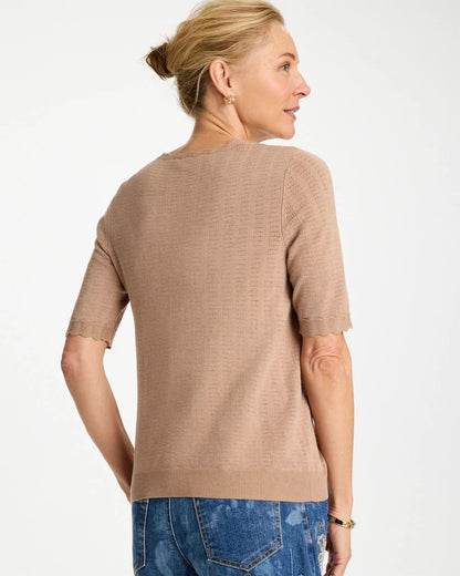 Chico's Ella Crewneck Pointelle Pullover Sweater Cattail Brown