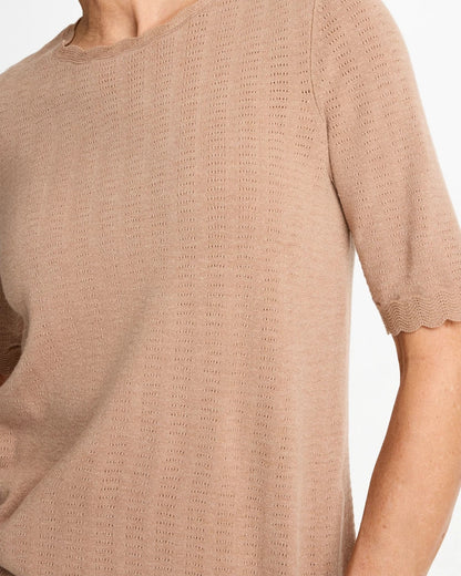 Chico's Ella Crewneck Pointelle Pullover Sweater Cattail Brown