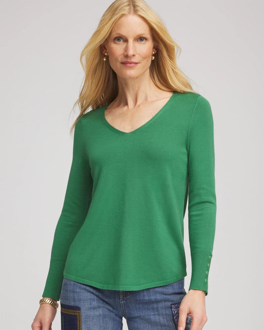 Chico's Ella V-Neck Pullover Sweater Jardin Green