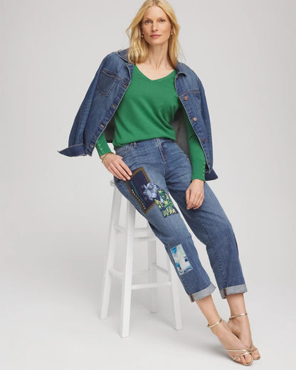 Chico's Ella V-Neck Pullover Sweater Jardin Green