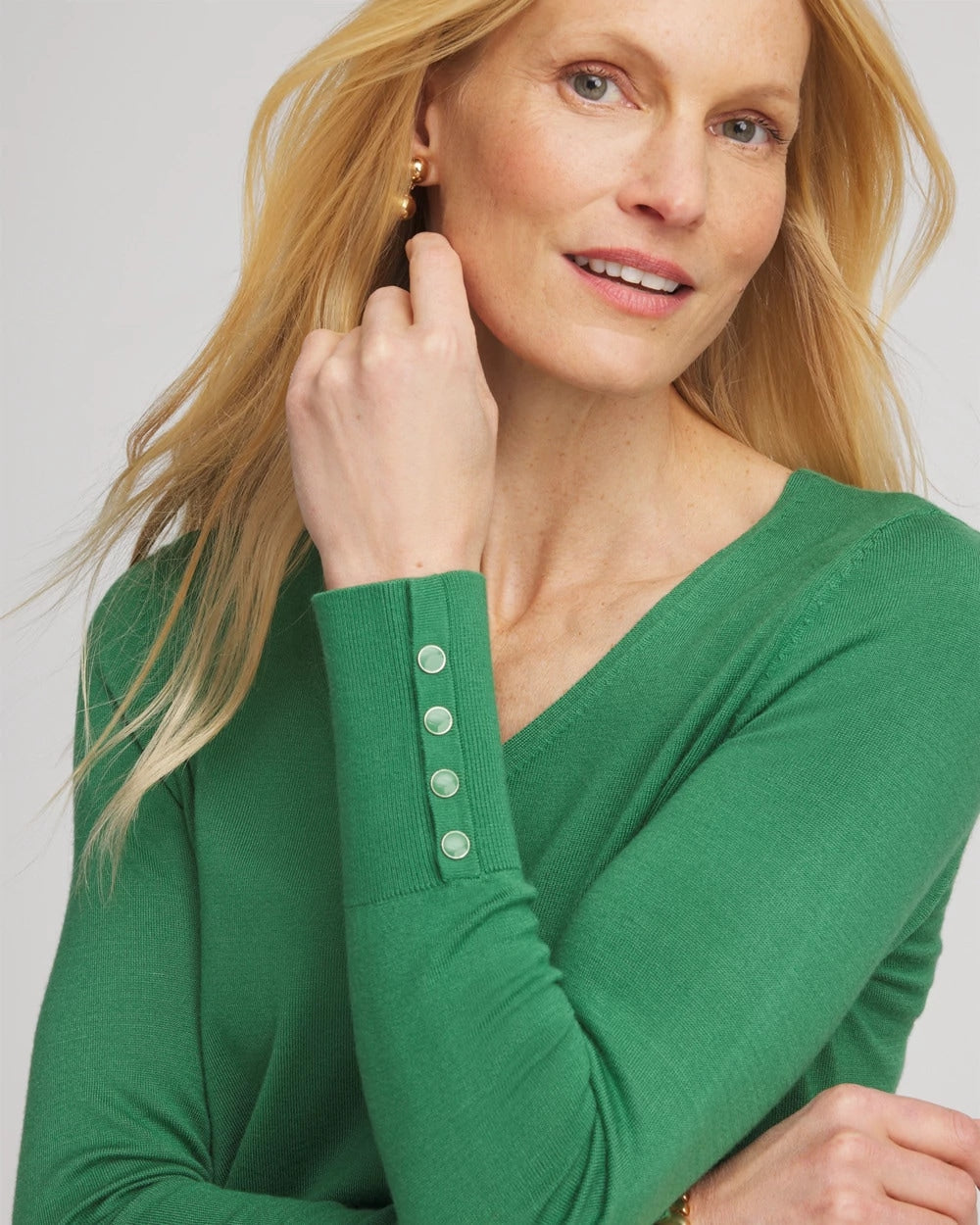 Chico's Ella V-Neck Pullover Sweater Jardin Green