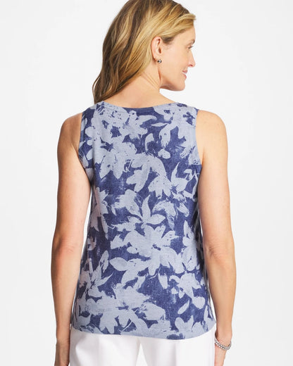 Chico's Ella Floral Scoopneck Tank Blue