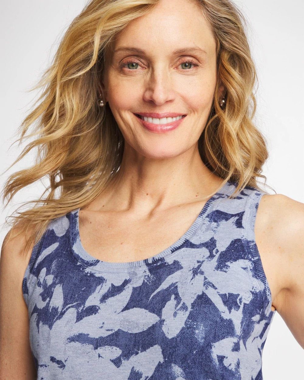 Chico's Ella Floral Scoopneck Tank Blue