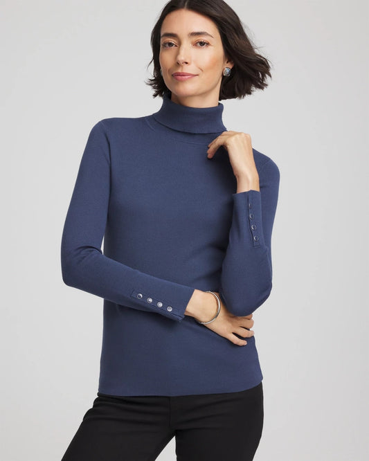 Chico's Ella Button Cuff Turtleneck Sweater Indigo Sky