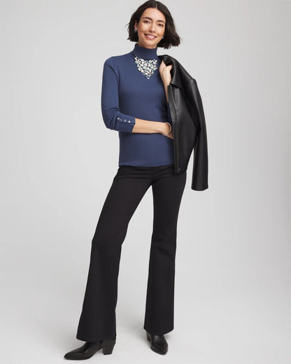 Chico's Ella Button Cuff Turtleneck Sweater Indigo Sky