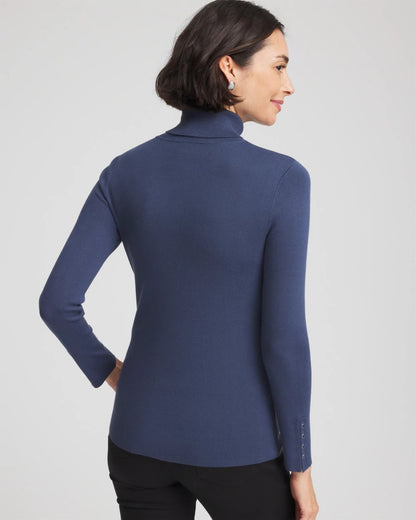 Chico's Ella Button Cuff Turtleneck Sweater Indigo Sky