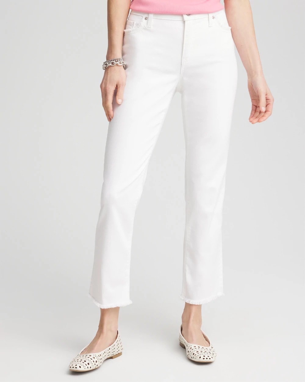Chico's Girlfriend Frayed Cropped No Stain Jeans Alabaster