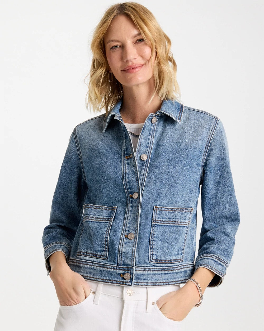 Chico's Denim Cropped Trucker Jacket Sakura Indigo