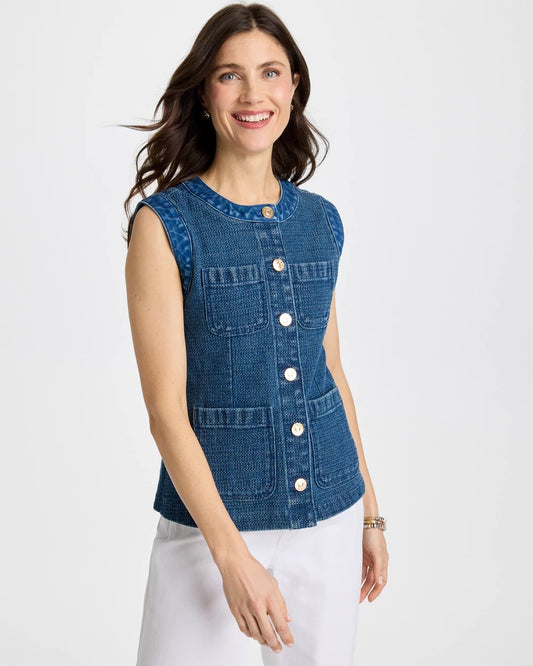 Chico's Tweed Mixed Denim Vest Mist Flower Indigo