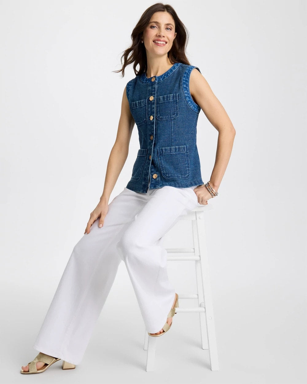 Chico's Tweed Mixed Denim Vest Mist Flower Indigo