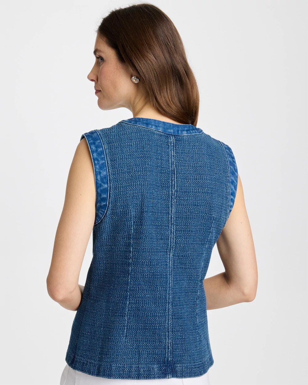 Chico's Tweed Mixed Denim Vest Mist Flower Indigo