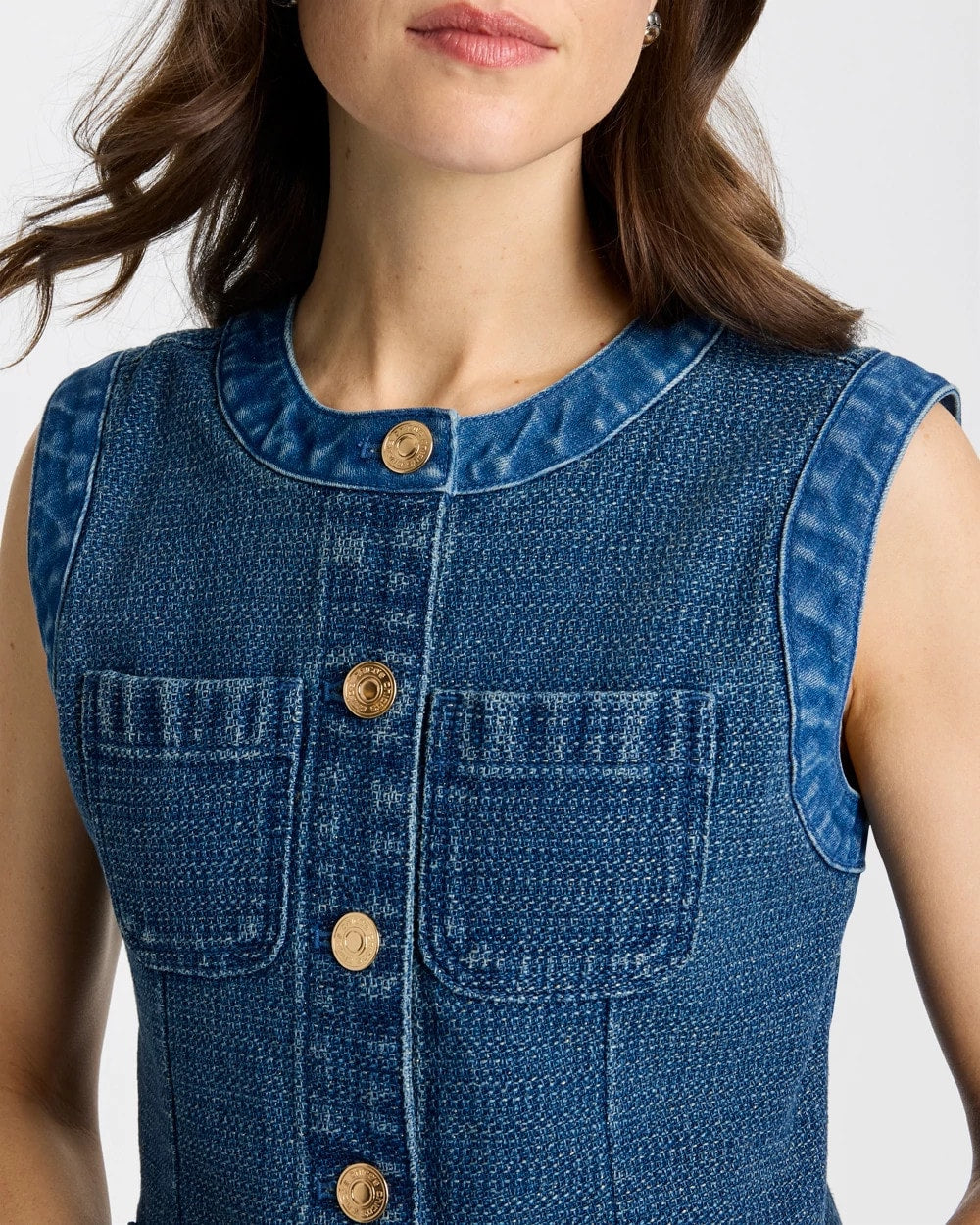 Chico's Tweed Mixed Denim Vest Mist Flower Indigo