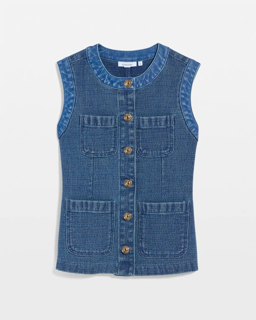 Chico's Tweed Mixed Denim Vest Mist Flower Indigo