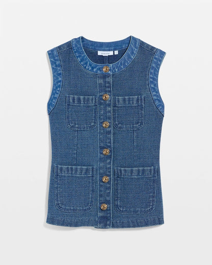 Chico's Tweed Mixed Denim Vest Mist Flower Indigo