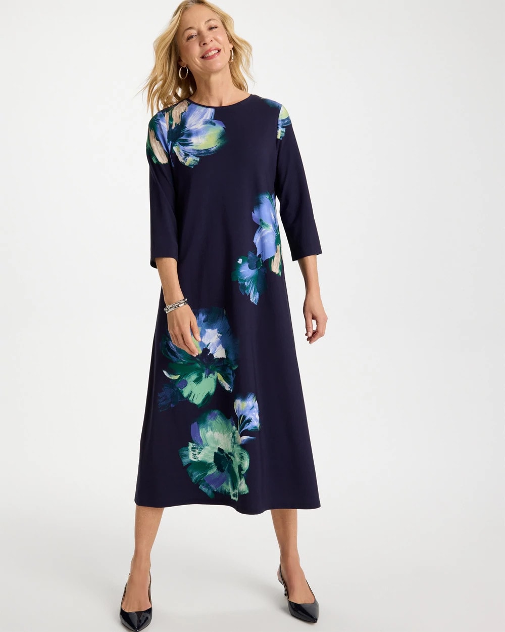 Chico's Floral 3/4 Sleeve Maxi Dress Passport Blue