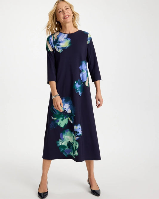 Chico's Floral 3/4 Sleeve Maxi Dress Passport Blue