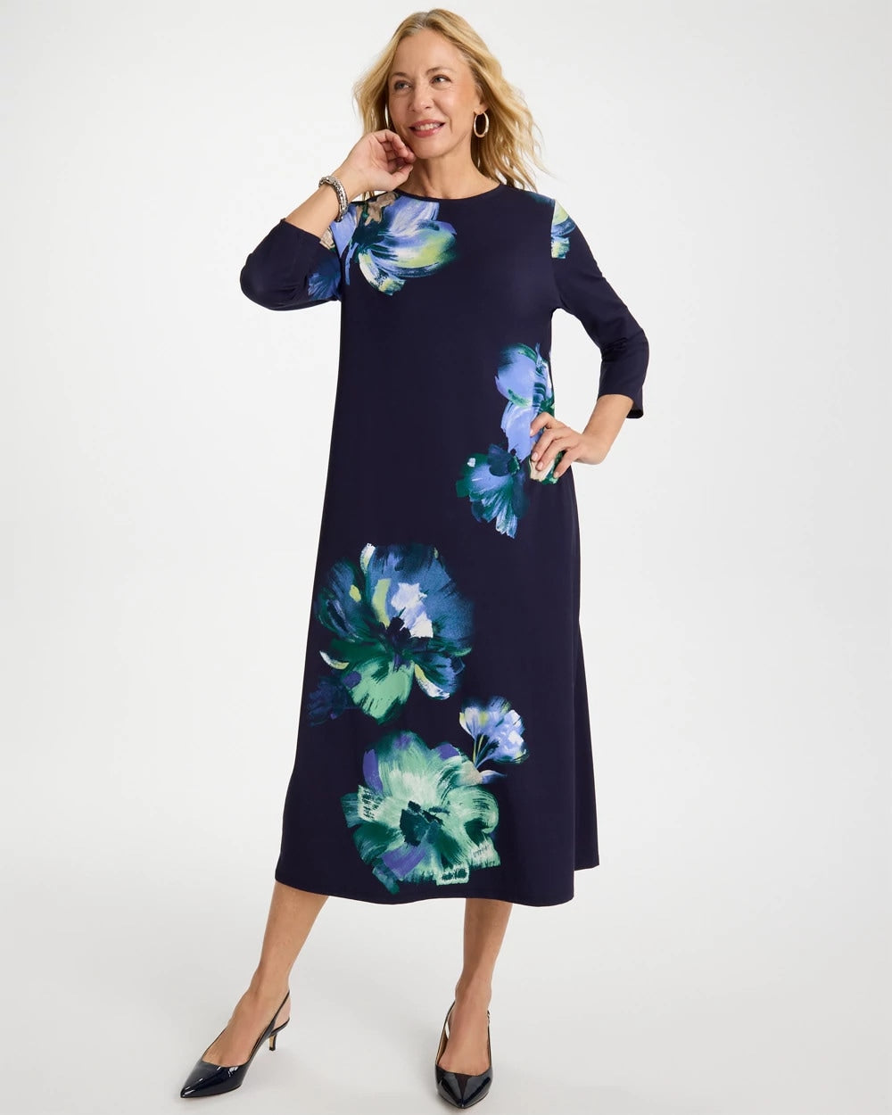 Chico's Floral 3/4 Sleeve Maxi Dress Passport Blue