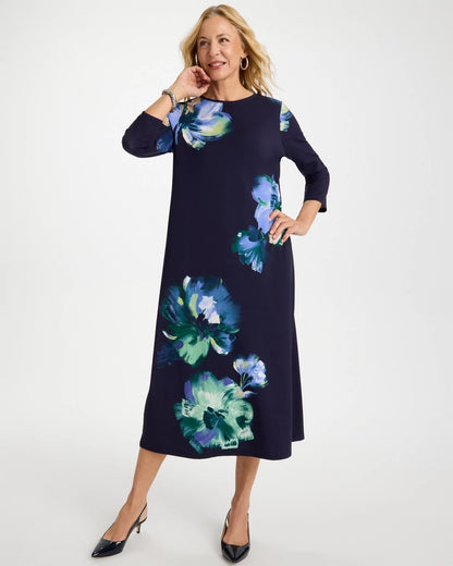 Chico's Floral 3/4 Sleeve Maxi Dress Passport Blue