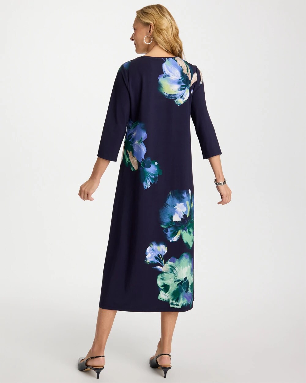 Chico's Floral 3/4 Sleeve Maxi Dress Passport Blue
